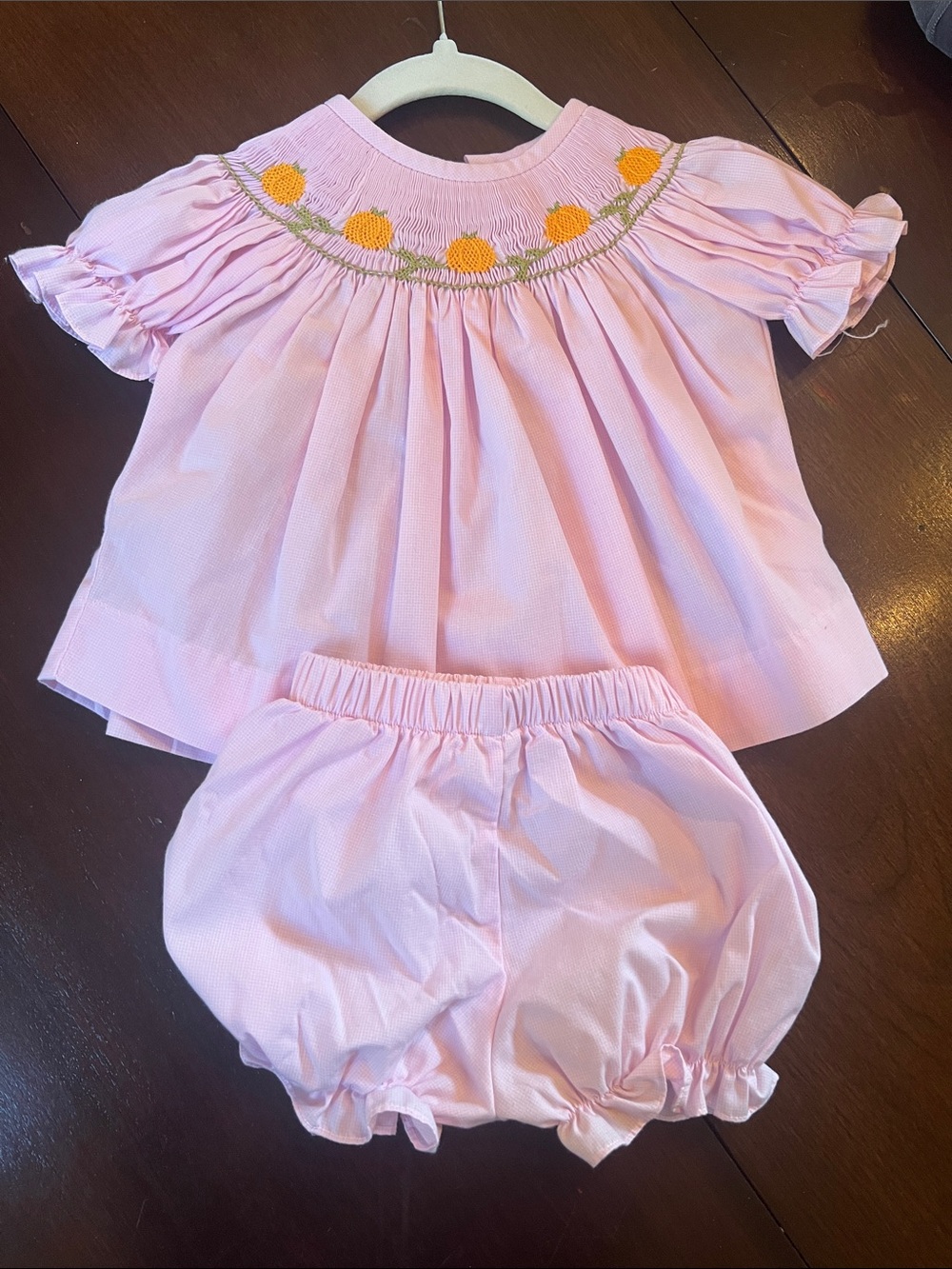 Stitchy Fish Pink Gingham Smocked Pumpkin Top & Bloomers Set